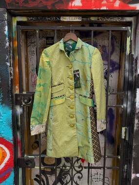 Desigual Green Patchwork Embroidered Long Coat with Fish Patch Size 34